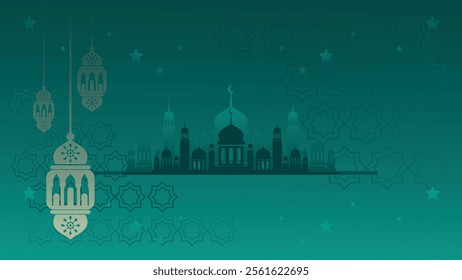 Islamic holiday poster background design with flowers and lanterns, suitable for Ramadan Kareem, Hari Raya, Eid al-Fitr and Eid al-Adha.