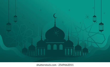 Islamic holiday poster background design with flowers and lanterns, suitable for Ramadan Kareem, Hari Raya, Eid al-Fitr and Eid al-Adha.