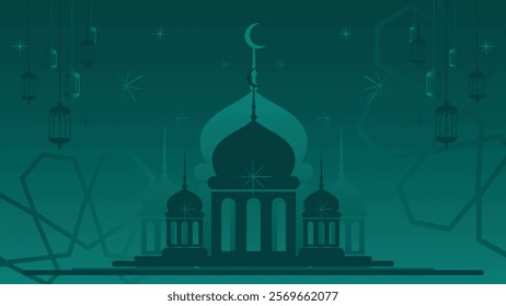 Islamic holiday poster background design with flowers and lanterns, suitable for Ramadan Kareem, Hari Raya, Eid al-Fitr and Eid al-Adha.