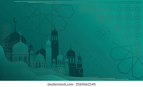 Islamic holiday poster background design with flowers and lanterns, suitable for Ramadan Kareem, Hari Raya, Eid al-Fitr and Eid al-Adha.