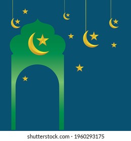 Islamic holiday suitable for Ramadan  Raya Hari  Eid al Adha and Mawlid. A lit up lantern and crescent moon decor on serene evening blue background