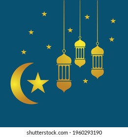 Islamic holiday suitable for Ramadan  Raya Hari  Eid al Adha and Mawlid. A lit up lantern and crescent moon decor on serene evening blue background