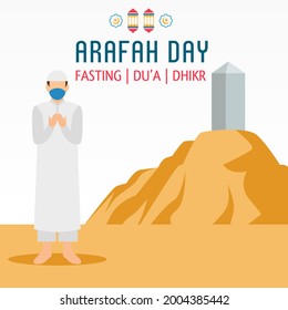 Islamic holiday that falls on the 9th day of Dhu al-Hijjah of the lunar Islamic Calendar. Arabic Calligraphy of Arafah Day. Vector Design Illustration