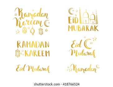 Antecedentes vectoriales islámicos dorados. Caligrafía. Cepillo de letras. Linterna árabe, mezquita y inscripción de tinta Ramadan Kareem.Eid Mubarak.