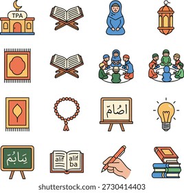 Islamic Holiday vector icon set include prayer rugs, books, building, and decorations. Happy mood
