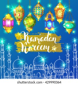 Islamic holiday vector shining background. Calligraphy. Hand drawn inscription Ramadan Kareem. Greeting card. Arabic lantern and golden mosque.