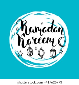 Islamic holiday vector turquoise background. Arabic lanterns and ink inscription Ramadan Kareem. Modern calligraphy. Brush lettering. 