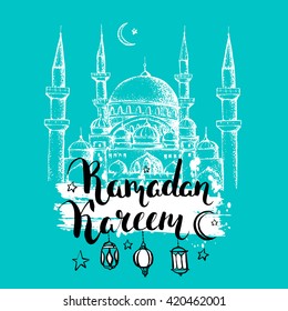 Islamic holiday vector turquoise background. Modern calligraphy. Typography. Brush lettering. Mosque and ink inscription Ramadan Kareem.