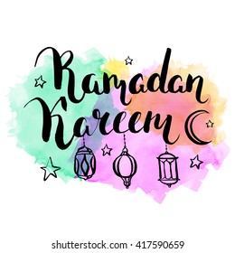 Islamic holiday vector watercolor background. Arabic lanterns and ink inscription Ramadan Kareem. Modern calligraphy. Brush lettering. 