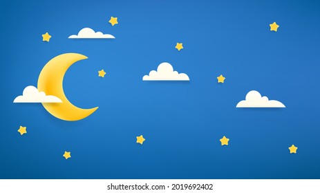 Islamic holidays decoration. Vector banner with moon and stars. Plasticine effect illustration