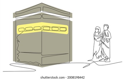 Islamic holidays, Eid al-Adha greeting card concept, one line drawing design illustration. Single continuous line drawing of Muslim and Muslimah pilgrims at the Kaabah of Mecca, Saudi Arabia.