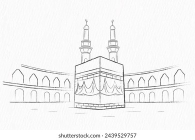 Islamic holy Kabaa of Makkah hand drawn lineart with pencil sketch texture