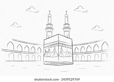 Islamic holy Kabaa of Makkah hand drawn lineart with pencil sketch texture