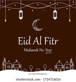 
Islamic holy month, Eid Al Fitr for Instagram feeds and many more social media post templates, decorated with Outline moon design, antique lanterns and mosque outline flat illustration