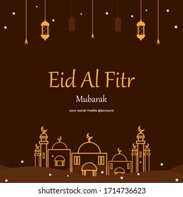 Islamic holy month, Eid Al Fitr Mubarak for Instagram feeds and many more social media post templates, decorated with Outline mosque designs, antique lanterns, and sparkling beautiful stars