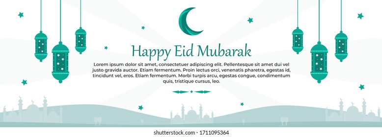 Islamic Holy Month, Eid Mubarak landscape banner decorated with antique lantern, stars, silhouette mosque and beautiful Moon design.