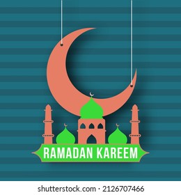 Islamic Holy Month of Fasting, Ramadan Kareem Concept With Mosque And Crescent Moon Hang On Blue Stripe Background.