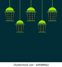 Islamic Holy Month of Fasting, Ramadan Mubarak background decorated with green hanging lamps or lanterns.