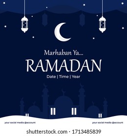 Islamic Holy Month, Marhaban Ya Ramadan for Instagram feeds and many more social media posts, decorated with antique lanterns, crescent moon and mosque silhouette design