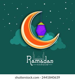 Islamic holy month of prayer, Ramadan Kareem celebration with crescent moon and Arabic lantern on green background.
