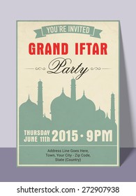 Islamic holy month of prayer, Ramadan Kareem Iftar party celebration invitation card with date, time and place details.