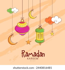 Islamic holy month of prayers Ramadan Kareem celebrations with hanging colourful lanterns, moon, clouds and stars on beige background.