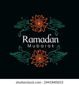 Islamic holy month of prayers, Ramadan Mubarak celebrations greeting card design, decorated with flowers on blue background.