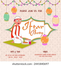 Islamic holy month of prayers, Ramadan Kareem Iftar Party celebration invitation card decorated with hanging Arabic lamps and illustration of a cute little Muslim boy on seamless background.