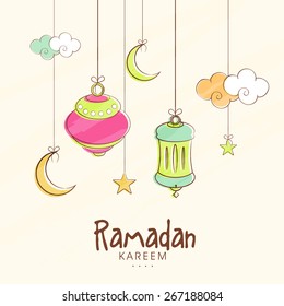 Islamic holy month of prayers Ramadan Kareem celebrations with hanging colourful lanterns, moon, clouds and stars on beige background. 