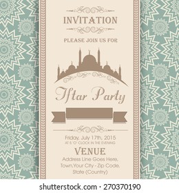 Islamic holy month of prayers Ramadan Kareem celebrations, Invitation card design for Iftar Party with mosque on seamless floral pattern background. 