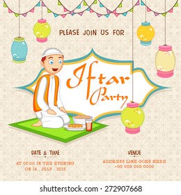 Islamic holy month of prayers, Ramadan Kareem Iftar Party celebration invitation card decorated with hanging Arabic lamps and illustration of a cute little Muslim boy on seamless background.