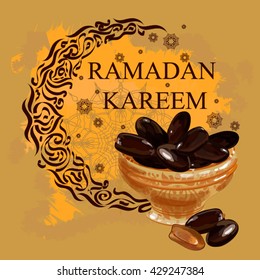 Islamic holy month of prayers. Ramadan Kareem. Iftar. Suhoor. Lenten meal. Delicious dates on the plate.