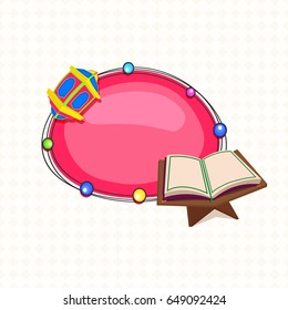 Islamic Holy Month of Prayers, Ramadan Kareem background with Open Quran Shareef, Traditional Lantern and space for your message.