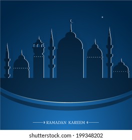 Islamic holy month Ramadan backdrop with mosque silhouettes on backdrop
