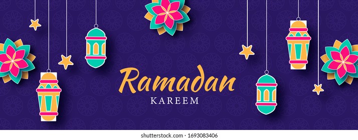 Islamic Holy Month of Ramadan Banner with Colorful Illuminating Lanterns, and Flower Patterns on Purple Textured Background.