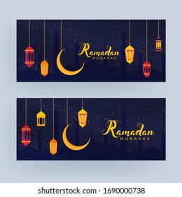 Islamic Holy Month of Ramadan Banners with Hanging Colorful Lanterns, and Golden Crescent Moon. 