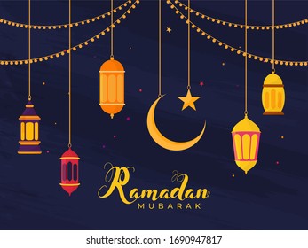 Islamischer Heiliger Monat des Ramadan-Konzepts mit hangenden leuchtenden Signalleuchten, Mond und Stern auf blauem Hintergrund.