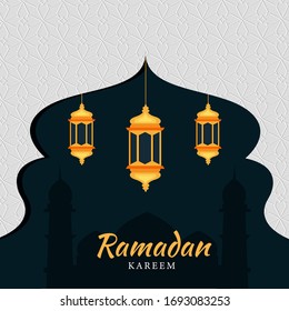 Islamic Holy Month of Ramadan Concept with Hanging Illuminating Lanterns, and Mosque Silhouette on Teal Green and White Background.