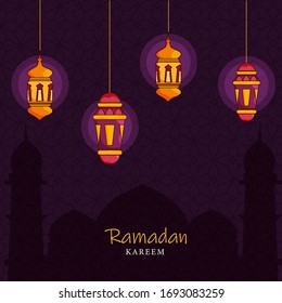 Islamic Holy Month of Ramadan Concept with Hanging Illuminating Lanterns, and Mosque Silhouette on Purple Background.