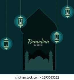 Islamic Holy Month of Ramadan Concept with Colorful Illuminating Lanterns, and Mosque on Green Background.