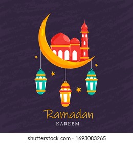 Islamic Holy Month of Ramadan Concept with Hanging Illuminating Lanterns, Mosque on Crescent Moon, and Stars on Purple Background.