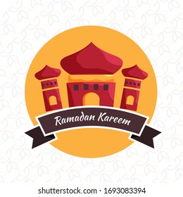 Islamic Holy Month of Ramadan Concept with Mosque Illustration on Yellow and White Textured Background.