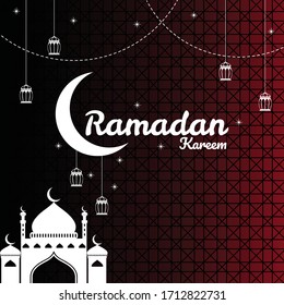 Der islamische Heilige Monat Ramadan, das Konzept von Kareem mit hängenden Laternen und Moschee Papier mit schwarz-rotem Farbverlauf-Hintergrund.
