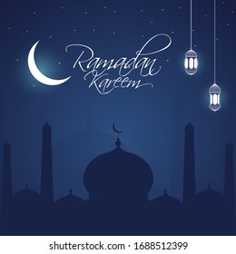 Islamic Holy Month of Ramadan Kareem night concept with hanging lanterns, mosque and cresent moon light on blue background.