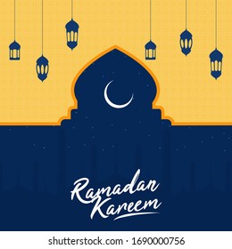 Islamic Holy Month of Ramadan Kareem Concept with Hanging Lanterns, Mosque Silhouette on Yellow and Blue Background.