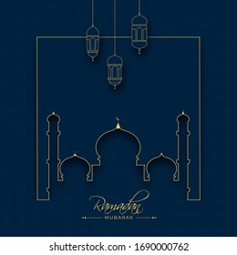 Islamic Holy Month of Ramadan Kareem with line-art lanterns and mosque on blue background.