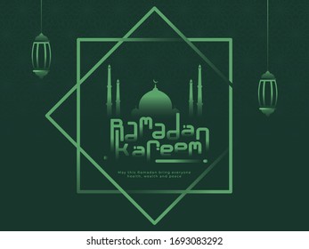 Islamic Holy Month of Ramadan Kareem Concept with Hanging Lanterns, Mosque on Green Background.