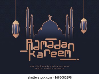 Islamic Holy Month of Ramadan Kareem with Hanging Lanterns, Mosque and Stylish Text.