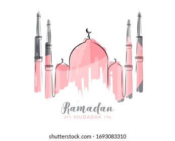 Islamic Holy Month Of Ramadan Kareem With Line-art Pink Mosque On White Background.