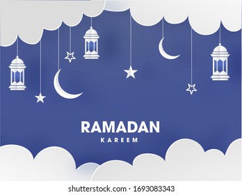 Islamic Holy Month of Ramadan Kareem with Hanging Lanterns, Crescent Moon, Clouds on Purple Background.
